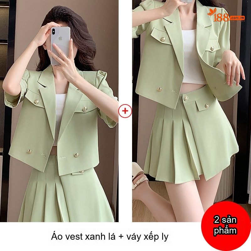 Set Bộ Vest Công Sở Nữ Tay Ngắn Kèm Chân Váy Xếp Ly Phong Cách Hàn Quốc Màu Hồng, Xanh Lá