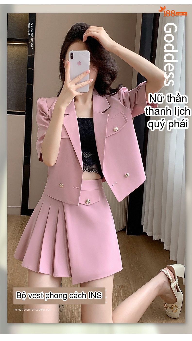 Set Bộ Vest Công Sở Nữ Tay Ngắn Kèm Chân Váy Xếp Ly Phong Cách Hàn Quốc Màu Hồng, Xanh Lá chi tiết 2