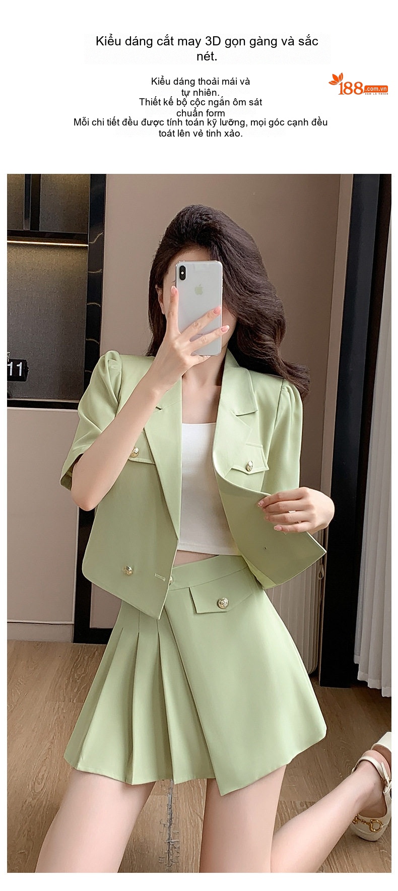 Set Bộ Vest Công Sở Nữ Tay Ngắn Kèm Chân Váy Xếp Ly Phong Cách Hàn Quốc Màu Hồng, Xanh Lá chi tiết 4
