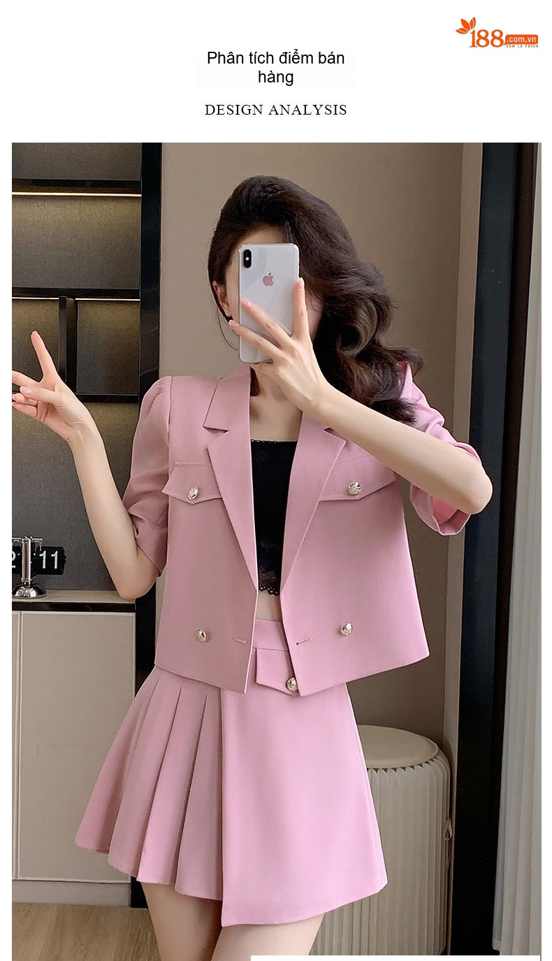 Set Bộ Vest Công Sở Nữ Tay Ngắn Kèm Chân Váy Xếp Ly Phong Cách Hàn Quốc Màu Hồng, Xanh Lá chi tiết 5