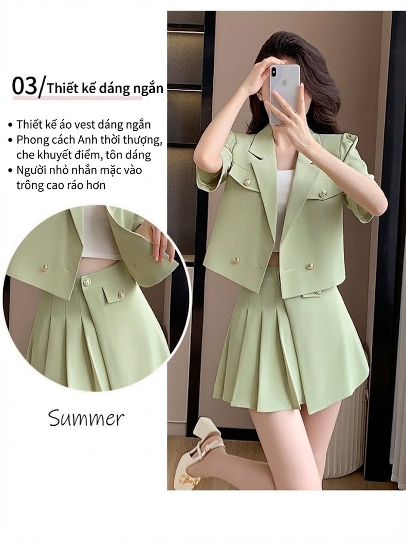 Set Bộ Vest Công Sở Nữ Tay Ngắn Kèm Chân Váy Xếp Ly Phong Cách Hàn Quốc Màu Hồng, Xanh Lá chi tiết 7