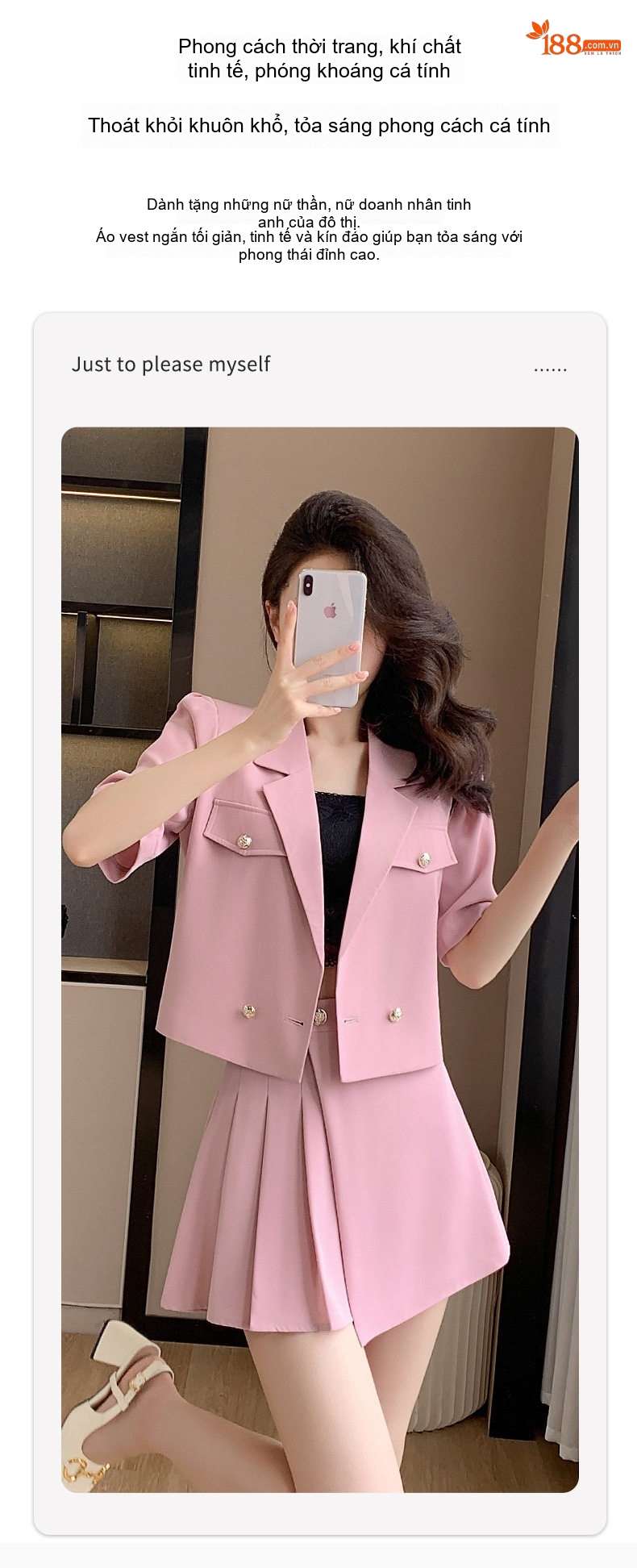 Set Bộ Vest Công Sở Nữ Tay Ngắn Kèm Chân Váy Xếp Ly Phong Cách Hàn Quốc Màu Hồng, Xanh Lá chi tiết 8