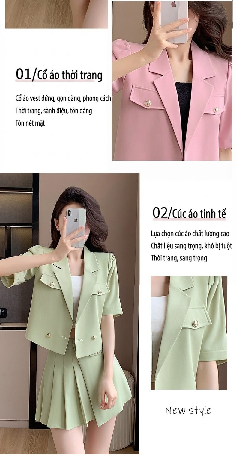 Set Bộ Vest Công Sở Nữ Tay Ngắn Kèm Chân Váy Xếp Ly Phong Cách Hàn Quốc Màu Hồng, Xanh Lá chi tiết 6