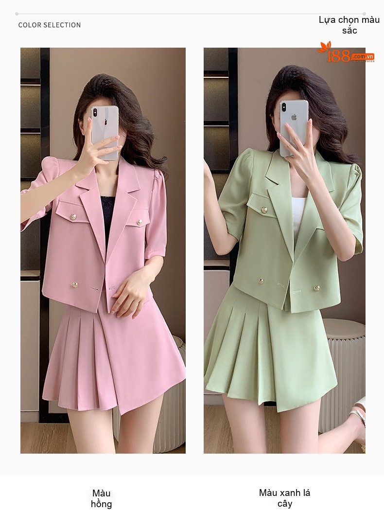 Set Bộ Vest Công Sở Nữ Tay Ngắn Kèm Chân Váy Xếp Ly Phong Cách Hàn Quốc Màu Hồng, Xanh Lá chi tiết 9