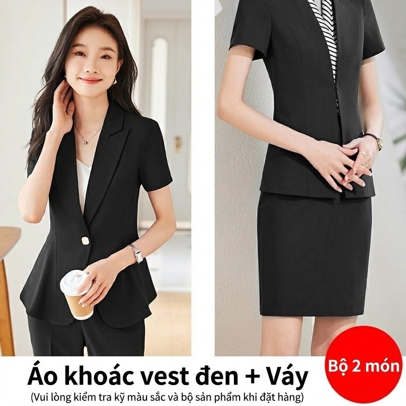Set Bộ Vest Công Sở Nữ Tay Ngắn Kiểu Dáng Thanh Lịch Màu Xám, Xanh Navy, Nâu, Đen