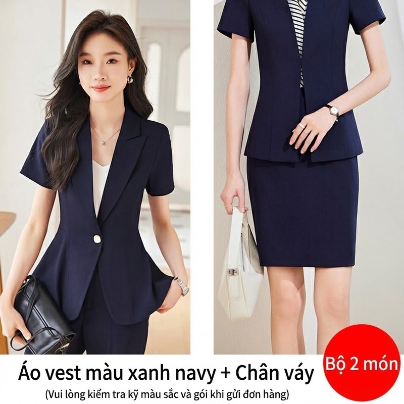 Set Bộ Vest Công Sở Nữ Tay Ngắn Kiểu Dáng Thanh Lịch Màu Xám, Xanh Navy, Nâu, Đen