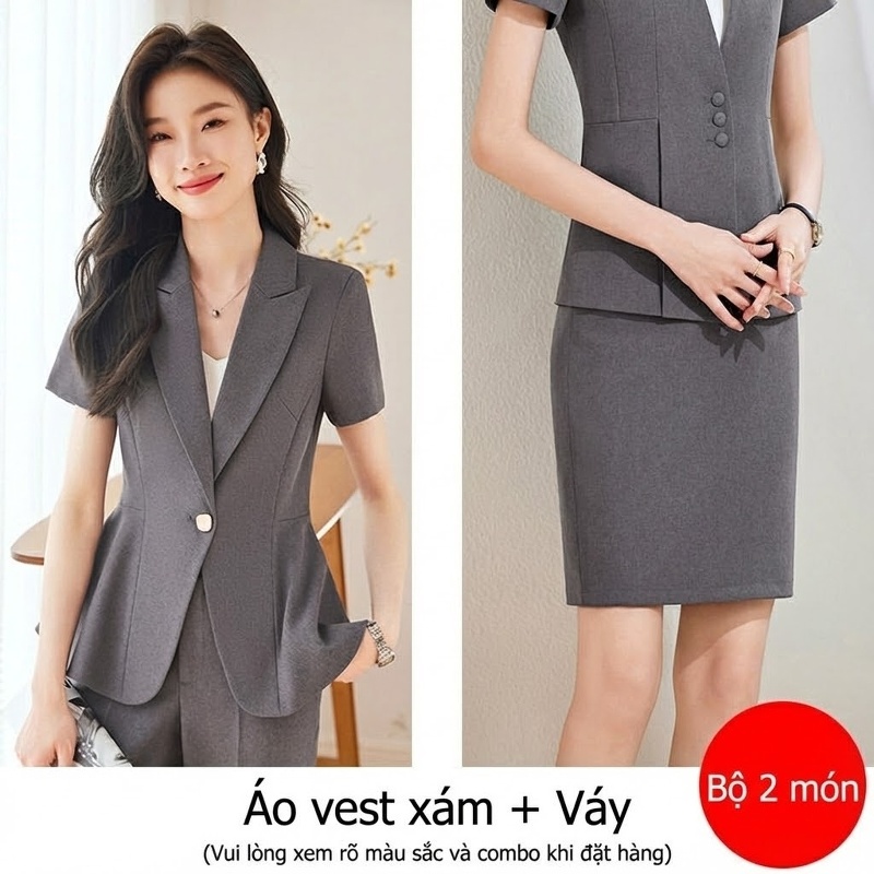 Set Bộ Vest Công Sở Nữ Tay Ngắn Kiểu Dáng Thanh Lịch Màu Xám, Xanh Navy, Nâu, Đen