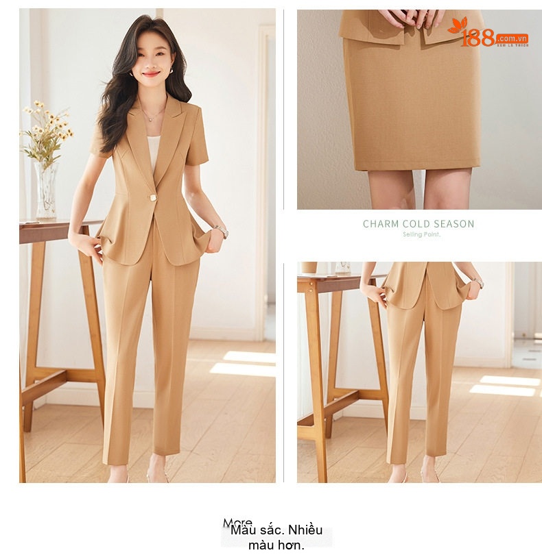 Set Bộ Vest Công Sở Nữ Tay Ngắn Kiểu Dáng Thanh Lịch Màu Xám, Xanh Navy, Nâu, Đen chi tiết 12