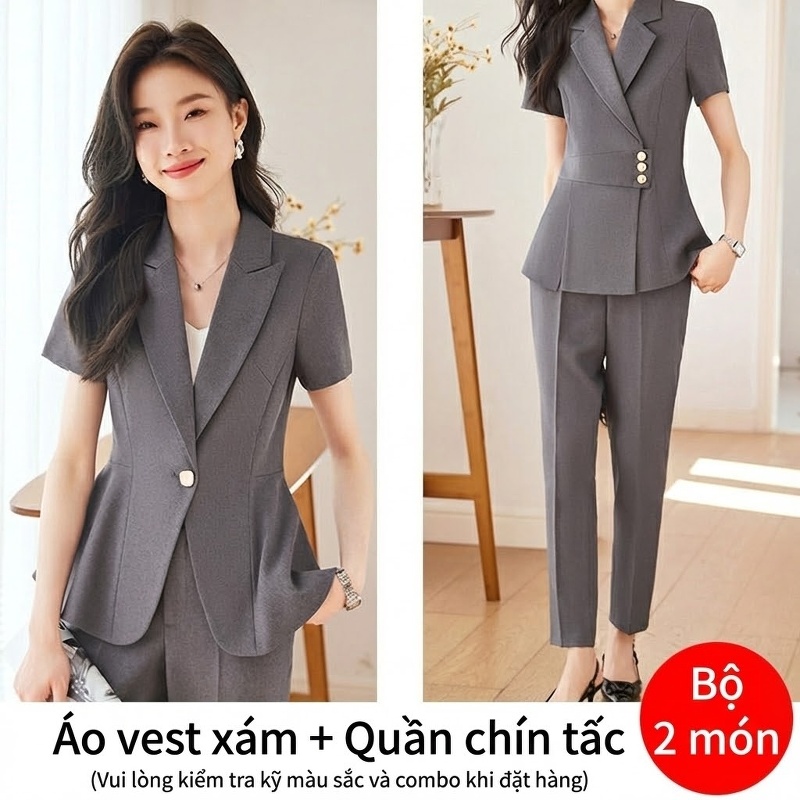 Set Bộ Vest Công Sở Nữ Tay Ngắn Kiểu Dáng Thanh Lịch Màu Xám, Xanh Navy, Nâu, Đen