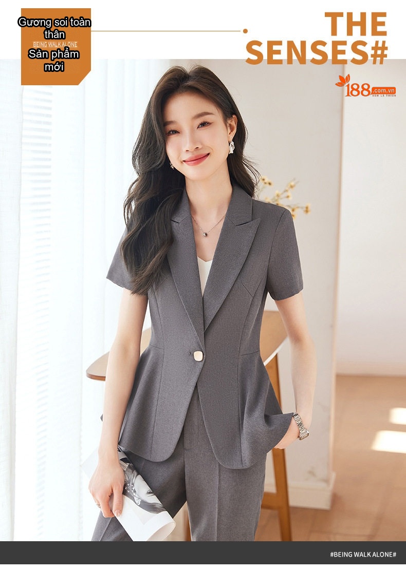 Set Bộ Vest Công Sở Nữ Tay Ngắn Kiểu Dáng Thanh Lịch Màu Xám, Xanh Navy, Nâu, Đen chi tiết 2