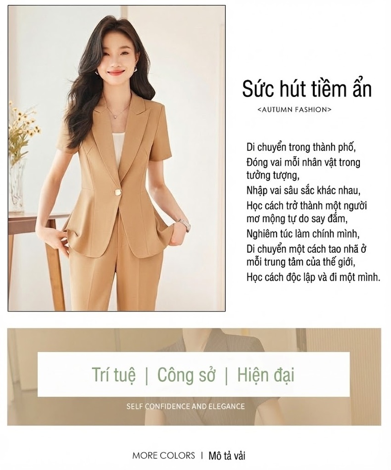 Set Bộ Vest Công Sở Nữ Tay Ngắn Kiểu Dáng Thanh Lịch Màu Xám, Xanh Navy, Nâu, Đen chi tiết 3