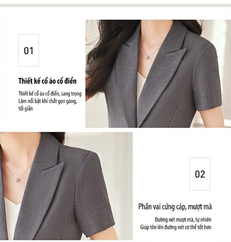 Set Bộ Vest Công Sở Nữ Tay Ngắn Kiểu Dáng Thanh Lịch Màu Xám, Xanh Navy, Nâu, Đen chi tiết 8