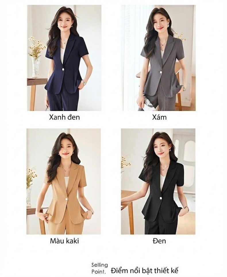 Set Bộ Vest Công Sở Nữ Tay Ngắn Kiểu Dáng Thanh Lịch Màu Xám, Xanh Navy, Nâu, Đen chi tiết 13