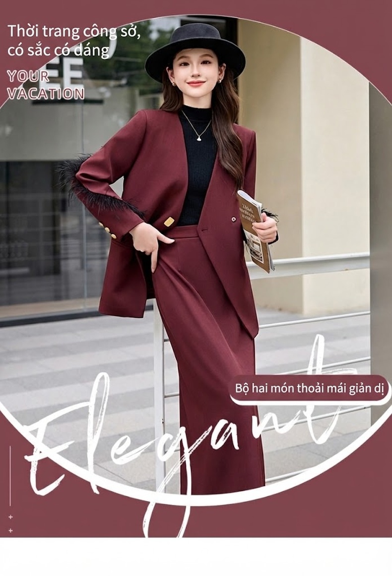 Set Bộ Vest Nữ Thiết Kế Áo Blazer Tay Lửng Và Chân Váy Dáng Dài Thanh Lịch Màu Đen, Đỏ Rượu Vang chi tiết 1