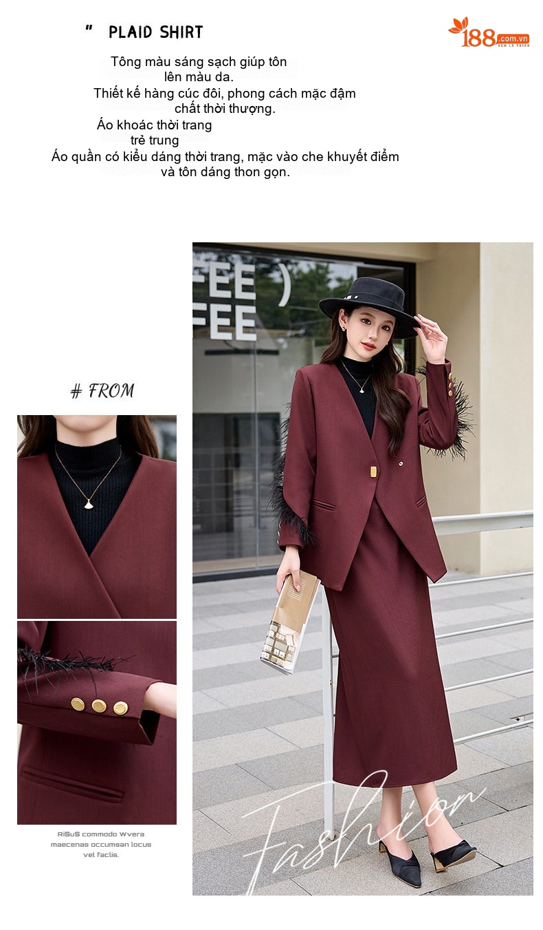Set Bộ Vest Nữ Thiết Kế Áo Blazer Tay Lửng Và Chân Váy Dáng Dài Thanh Lịch Màu Đen, Đỏ Rượu Vang chi tiết 3