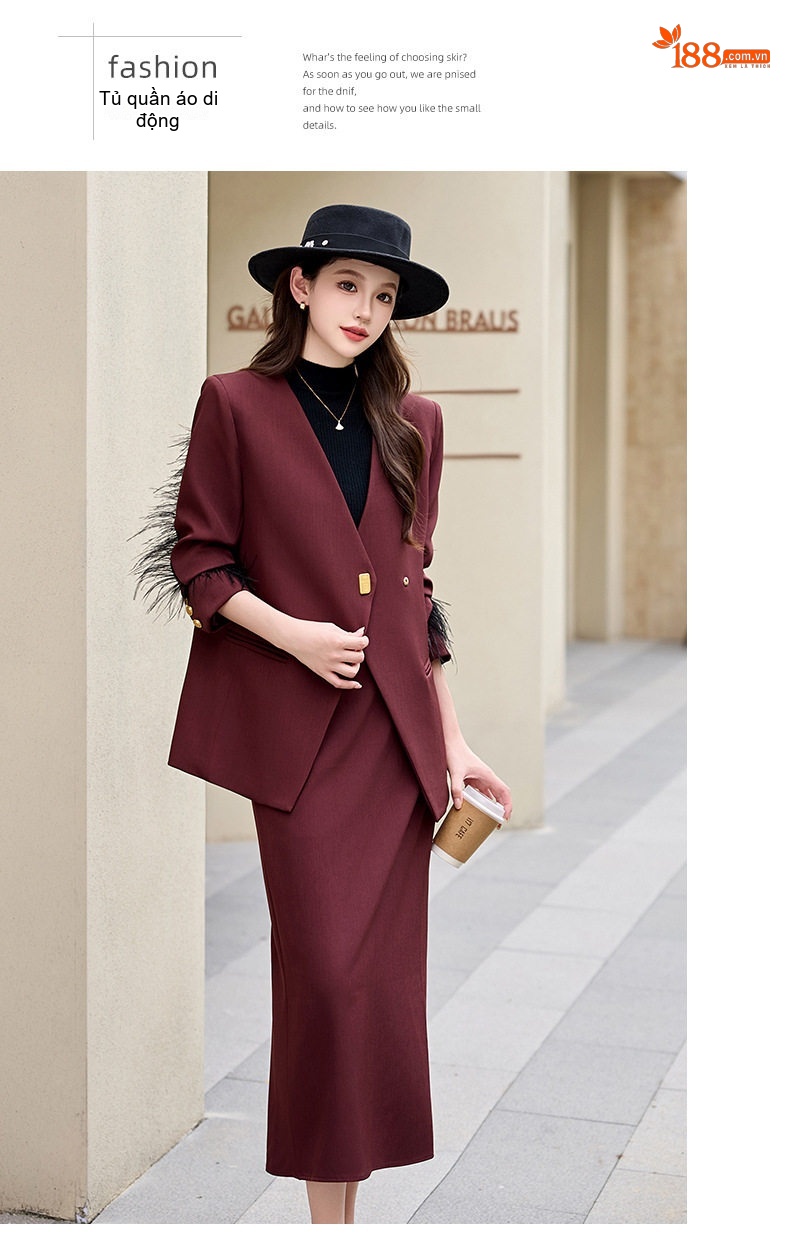 Set Bộ Vest Nữ Thiết Kế Áo Blazer Tay Lửng Và Chân Váy Dáng Dài Thanh Lịch Màu Đen, Đỏ Rượu Vang chi tiết 19