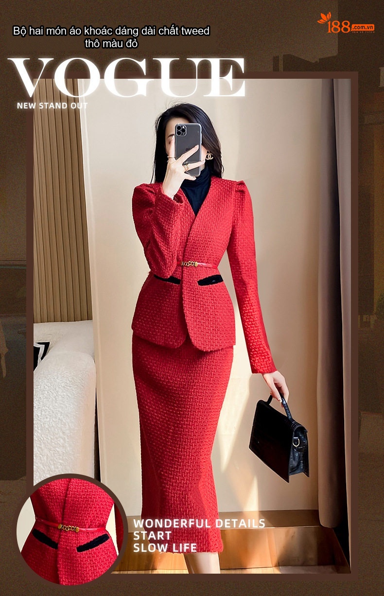 Set Bộ Vest Nữ Tiểu Thư Công Sở Phong Cách Chanel Đỏ chi tiết 1