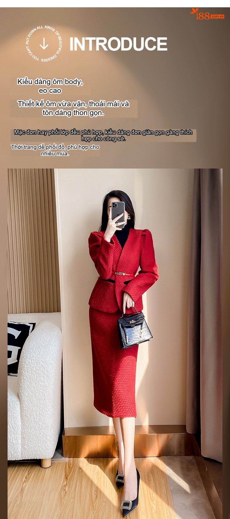 Set Bộ Vest Nữ Tiểu Thư Công Sở Phong Cách Chanel Đỏ chi tiết 2