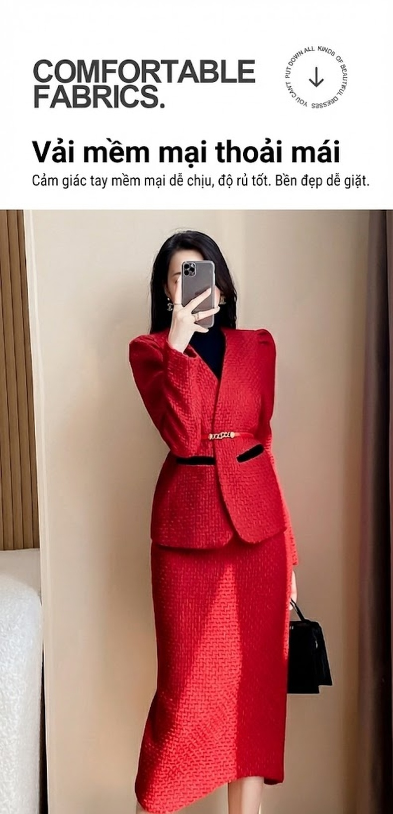 Set Bộ Vest Nữ Tiểu Thư Công Sở Phong Cách Chanel Đỏ chi tiết 4
