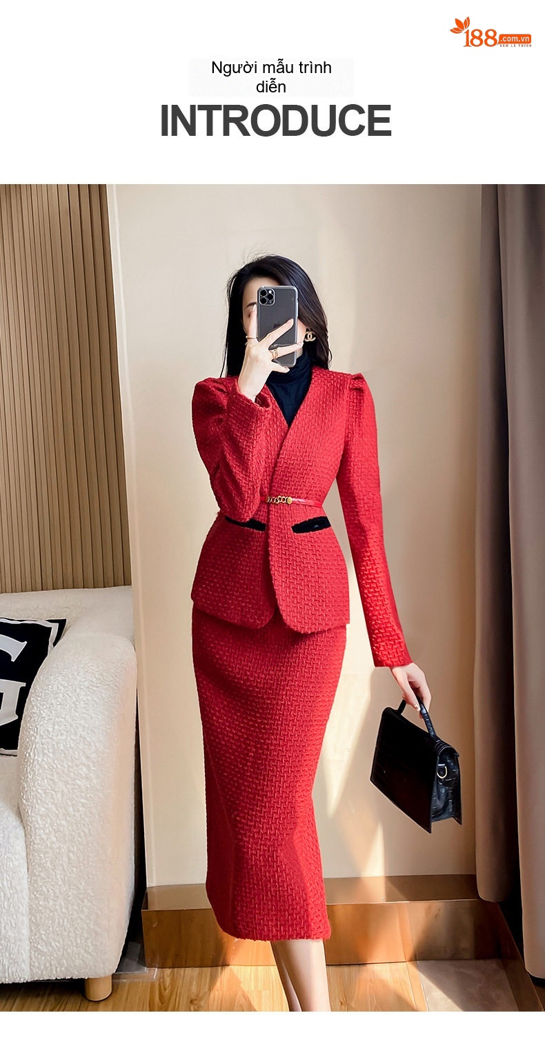 Set Bộ Vest Nữ Tiểu Thư Công Sở Phong Cách Chanel Đỏ chi tiết 7