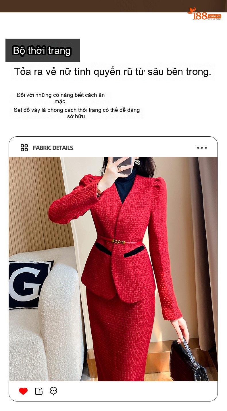 Set Bộ Vest Nữ Tiểu Thư Công Sở Phong Cách Chanel Đỏ chi tiết 3