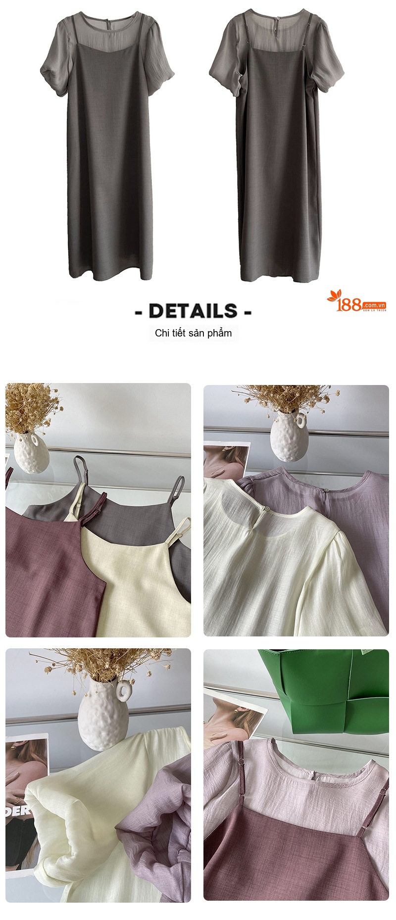 Set Đầm Hai Dây Nữ Kèm Áo Thun Cổ Tròn Tay Ngắn Phong Cách Hàn Quốc Vải Dệt Màu Tím, Xám, Kem chi tiết 2
