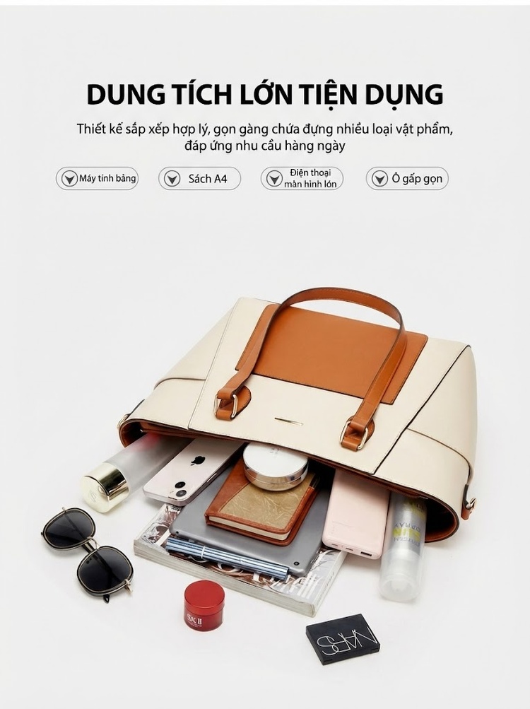 Set Túi Tote Nữ Đeo Vai Đeo Chéo 3 Món Phong Cách Casual Màu Nâu, Hồng, Xanh, Đen... chi tiết 5