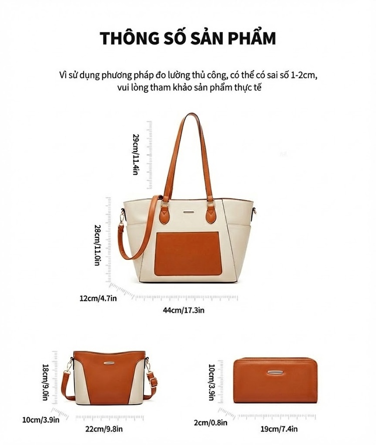Set Túi Tote Nữ Đeo Vai Đeo Chéo 3 Món Phong Cách Casual Màu Nâu, Hồng, Xanh, Đen... chi tiết 7