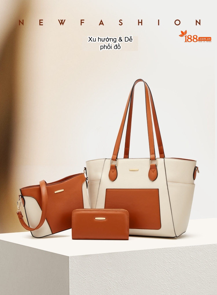 Set Túi Tote Nữ Đeo Vai Đeo Chéo 3 Món Phong Cách Casual Màu Nâu, Hồng, Xanh, Đen... chi tiết 1