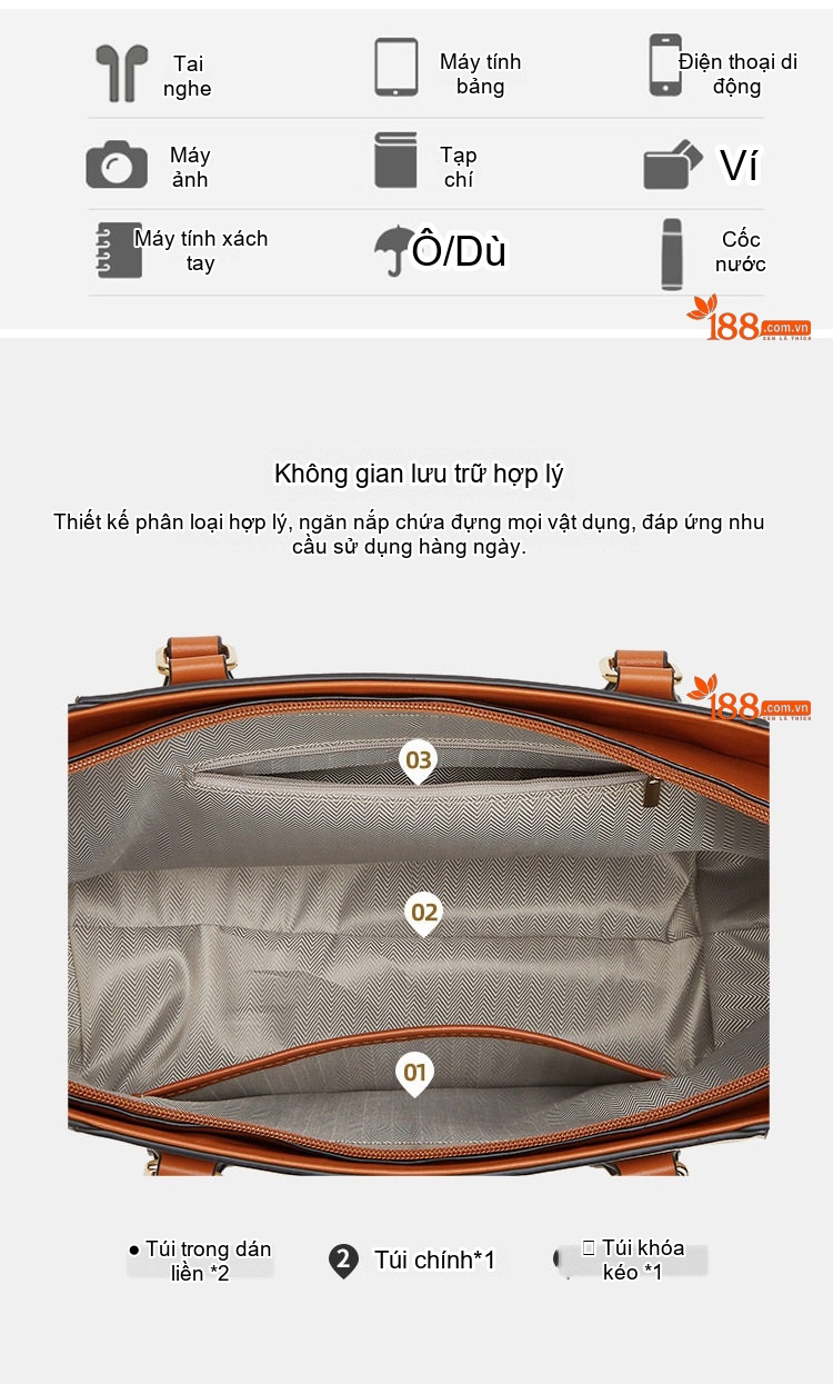 Set Túi Tote Nữ Đeo Vai Đeo Chéo 3 Món Phong Cách Casual Màu Nâu, Hồng, Xanh, Đen... chi tiết 6