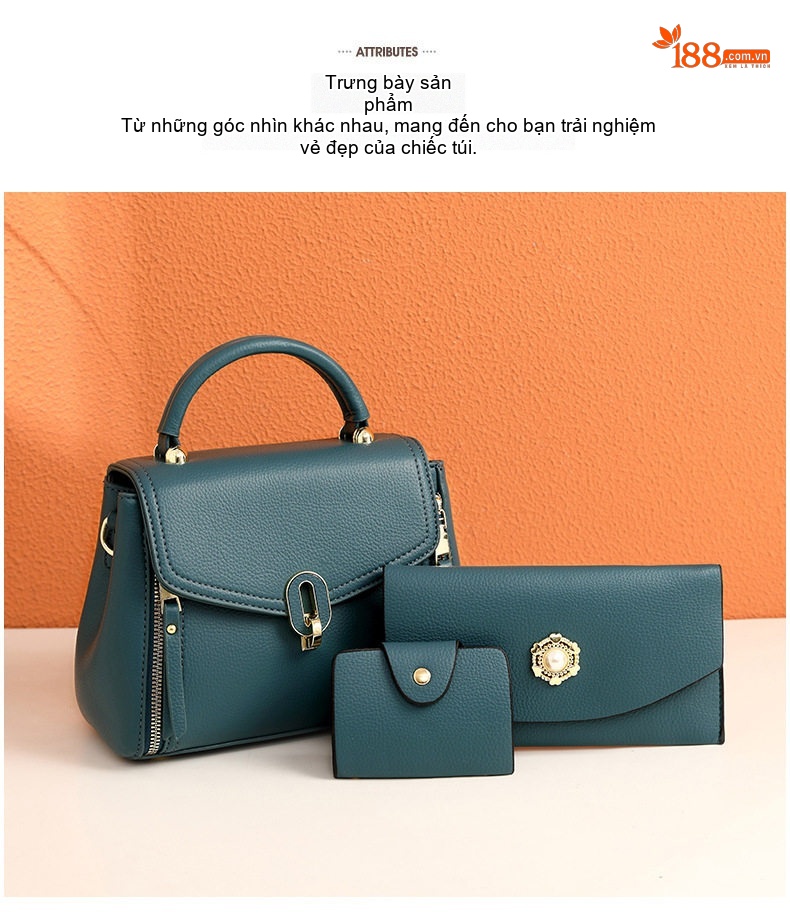 Set Túi Xách Nữ 3 Món Da Bóng Nắp Gập Đeo Vai, Đeo Chéo Màu Nâu, Kem, Xanh, Đen... chi tiết 10