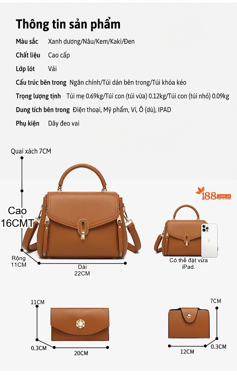Set Túi Xách Nữ 3 Món Da Bóng Nắp Gập Đeo Vai, Đeo Chéo Màu Nâu, Kem, Xanh, Đen... chi tiết 5