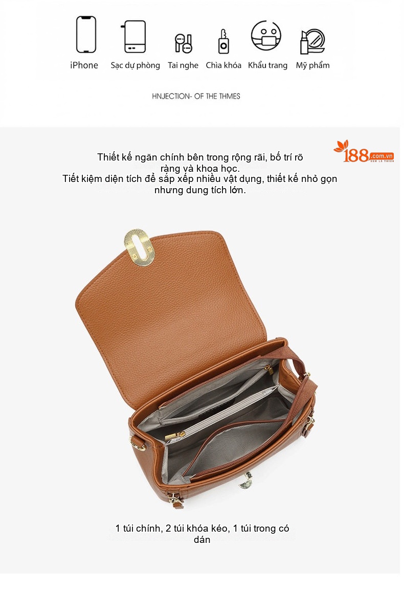 Set Túi Xách Nữ 3 Món Da Bóng Nắp Gập Đeo Vai, Đeo Chéo Màu Nâu, Kem, Xanh, Đen... chi tiết 7