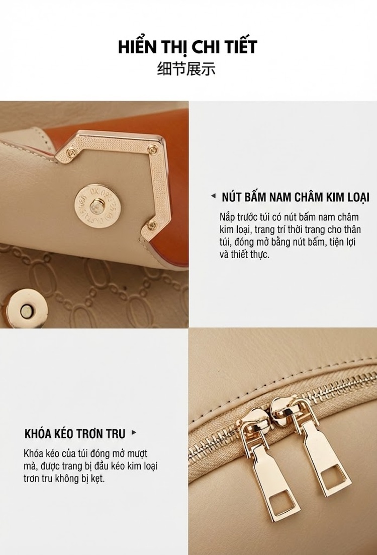 Set Túi Xách Nữ Ba Món In Chữ Dập Nổi Sức Chứa Lớn Thiết Kế Độc Đáo Màu Nâu, Đen, Xanh Navy chi tiết 17