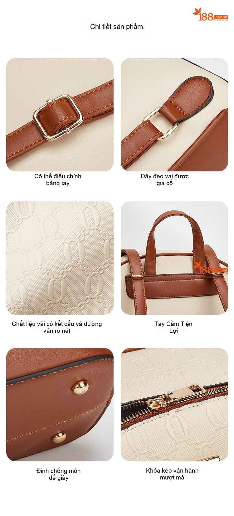 Set Túi Xách Nữ Ba Món In Chữ Dập Nổi, Túi Tote Lớn, Túi Đeo Chéo, Ví Cầm Tay Màu Nâu, Kem, Đen... chi tiết 17