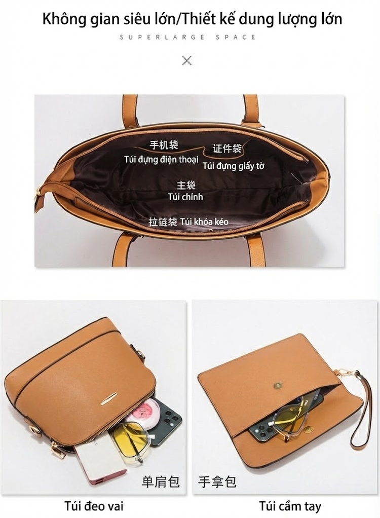 Set Túi Xách Nữ Công Sở Da Bóng 4 Món Lớn Đeo Vai, Túi Đeo Chéo, Ví Cầm Tay Màu Nâu, Đỏ, Xám, Xanh Navy... chi tiết 12
