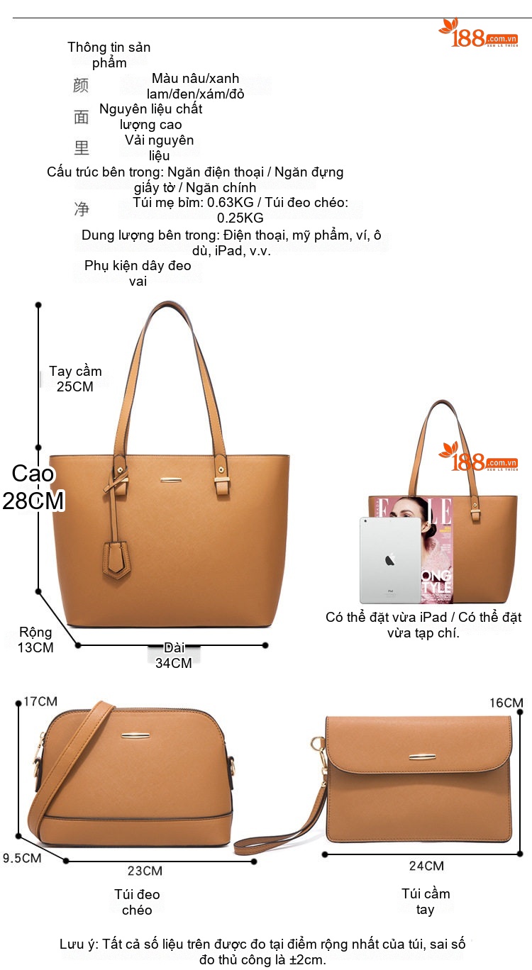 Set Túi Xách Nữ Công Sở Da Bóng 4 Món Lớn Đeo Vai, Túi Đeo Chéo, Ví Cầm Tay Màu Nâu, Đỏ, Xám, Xanh Navy... chi tiết 10