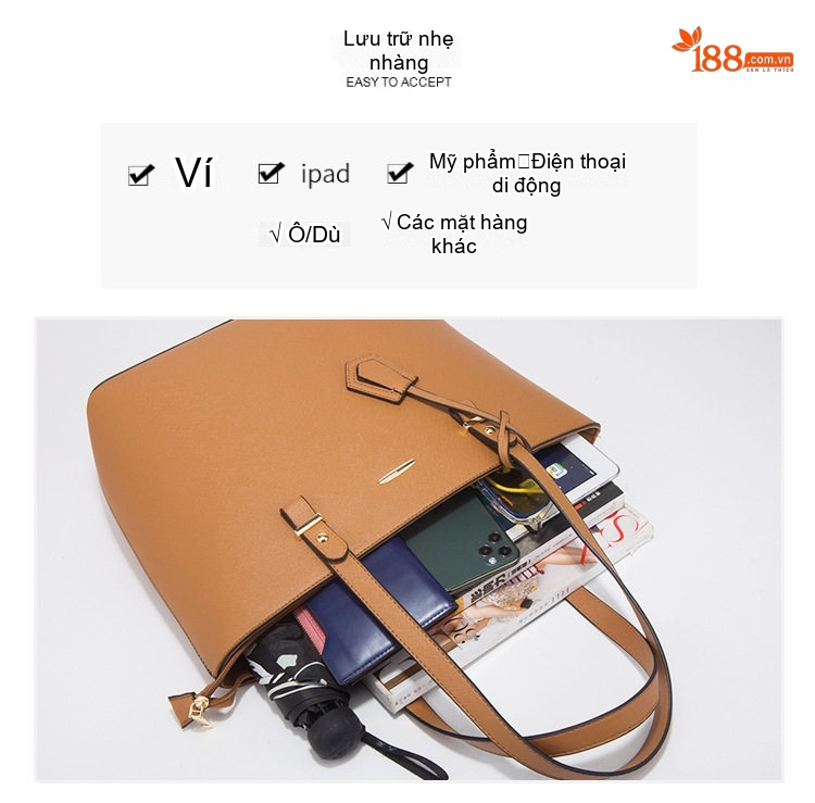 Set Túi Xách Nữ Da Bóng Tote Đeo Vai, Túi Đeo Chéo, Ví Cầm Tay 4 Món Màu Hồng, Trắng, Nâu, Xám... chi tiết 11