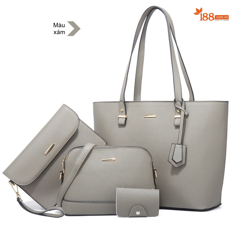 Set Túi Xách Nữ Da Bóng Tote Đeo Vai, Túi Đeo Chéo, Ví Cầm Tay 4 Món Màu Hồng, Trắng, Nâu, Xám... chi tiết 16