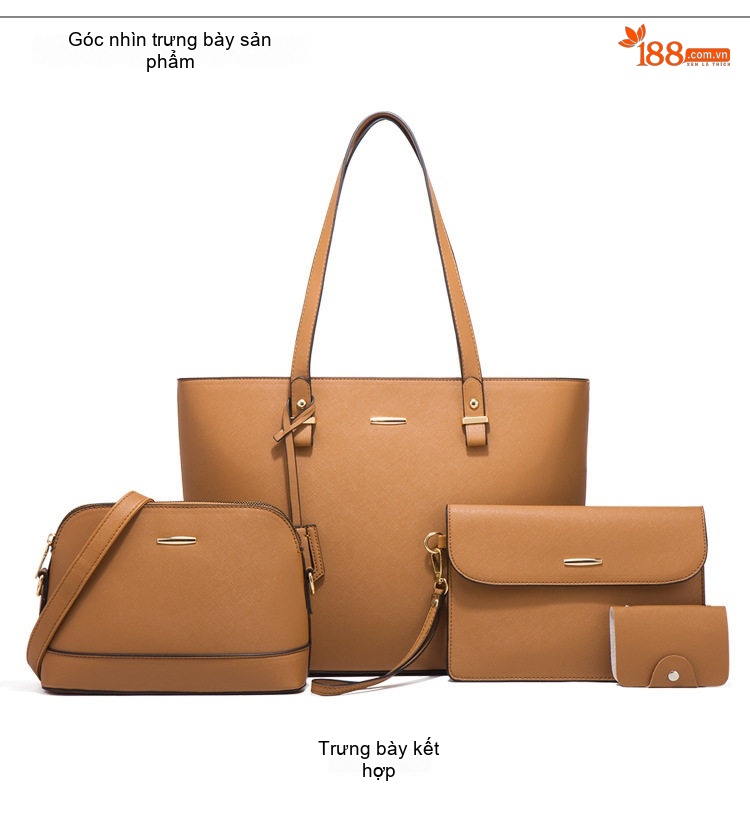 Set Túi Xách Nữ Da Bóng Tote Đeo Vai, Túi Đeo Chéo, Ví Cầm Tay 4 Món Màu Hồng, Trắng, Nâu, Xám... chi tiết 17