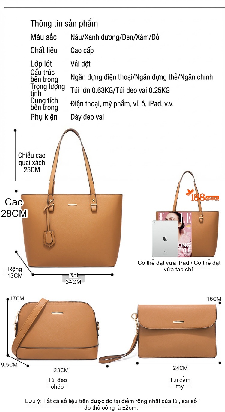 Set Túi Xách Nữ Da Bóng Tote Đeo Vai, Túi Đeo Chéo, Ví Cầm Tay 4 Món Màu Hồng, Trắng, Nâu, Xám... chi tiết 10