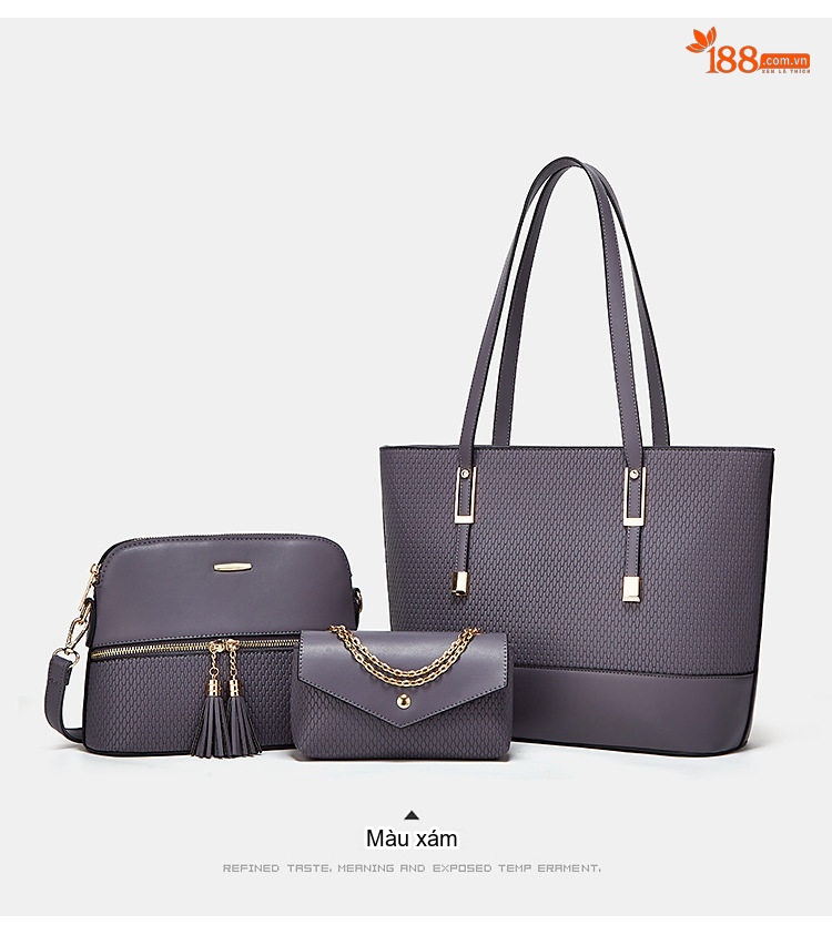 Set Túi Xách Nữ Tote Đeo Vai Thời Trang Da Mờ Gồm Túi Lớn, Túi Nhỏ, Ví Cầm Tay Màu Nâu, Đỏ, Tím, Xám... chi tiết 8