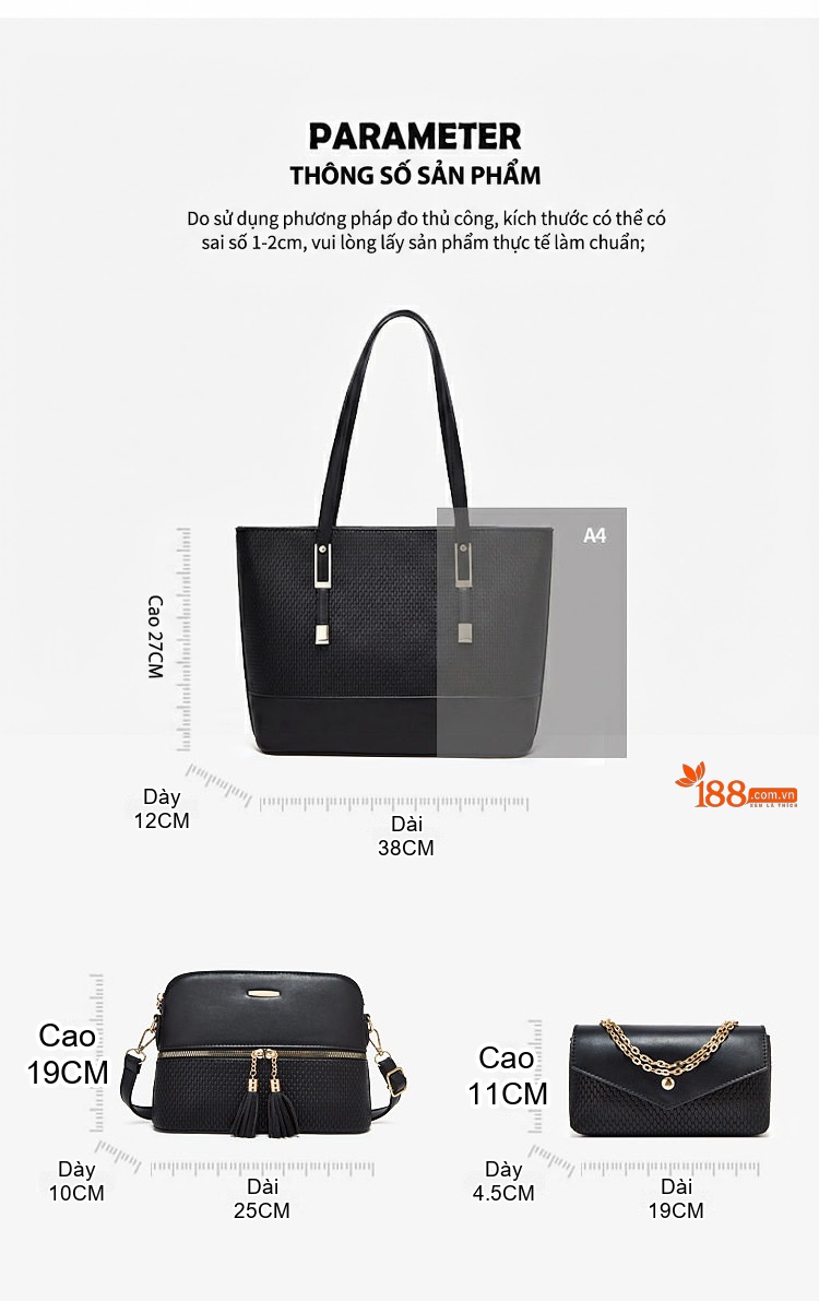 Set Túi Xách Nữ Tote Đeo Vai Thời Trang Da Mờ Gồm Túi Lớn, Túi Nhỏ, Ví Cầm Tay Màu Nâu, Đỏ, Tím, Xám... chi tiết 4