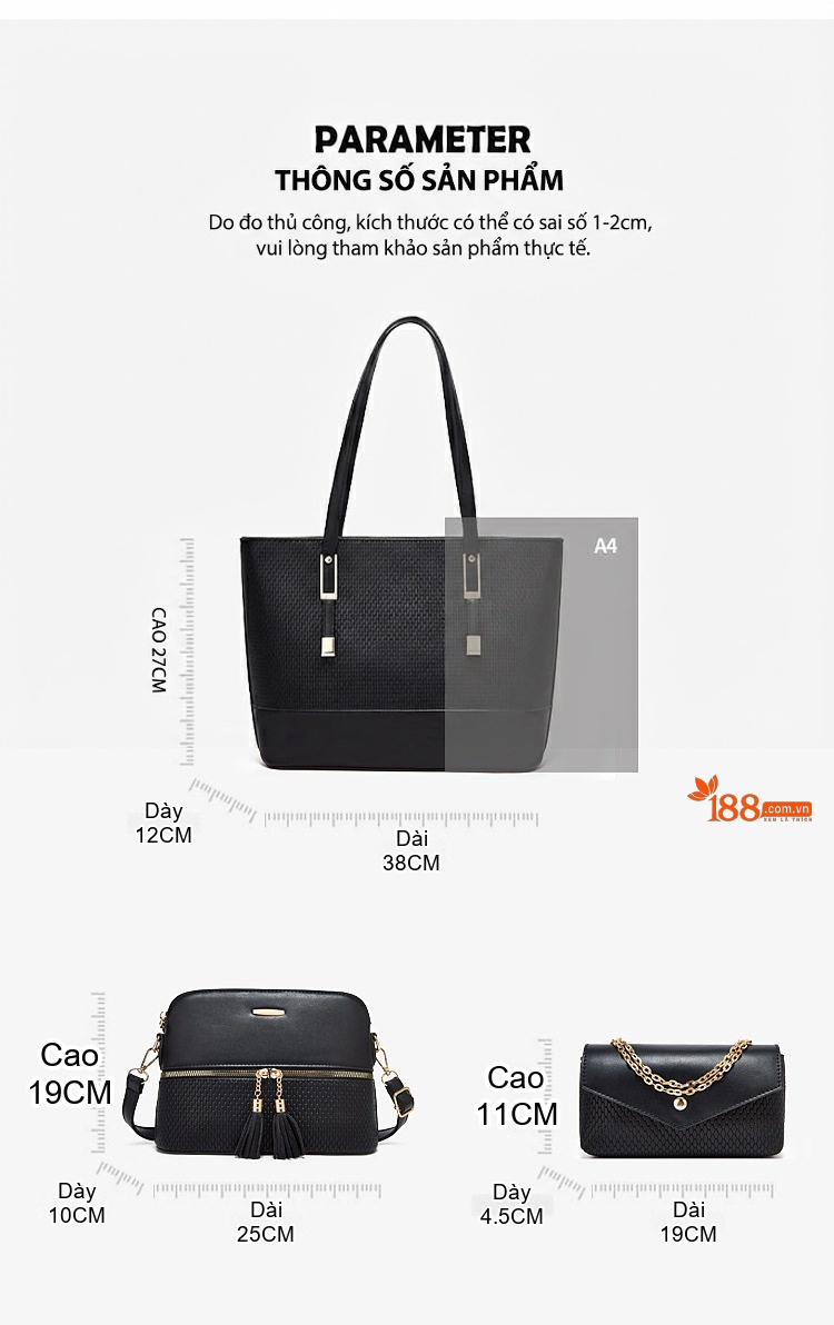 Set Túi Xách Nữ Tote Đeo Vai Thời Trang Da Mờ Gồm Túi Lớn, Túi Nhỏ, Ví Cầm Tay Màu Nâu, Đỏ, Tím, Xám... chi tiết 22