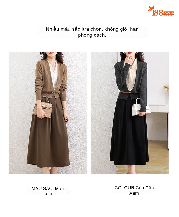 Set Váy Áo Dệt Kim Tay Dài Phong Cách Tiểu Thư Thanh Lịch Màu Nâu, Đen chi tiết 5