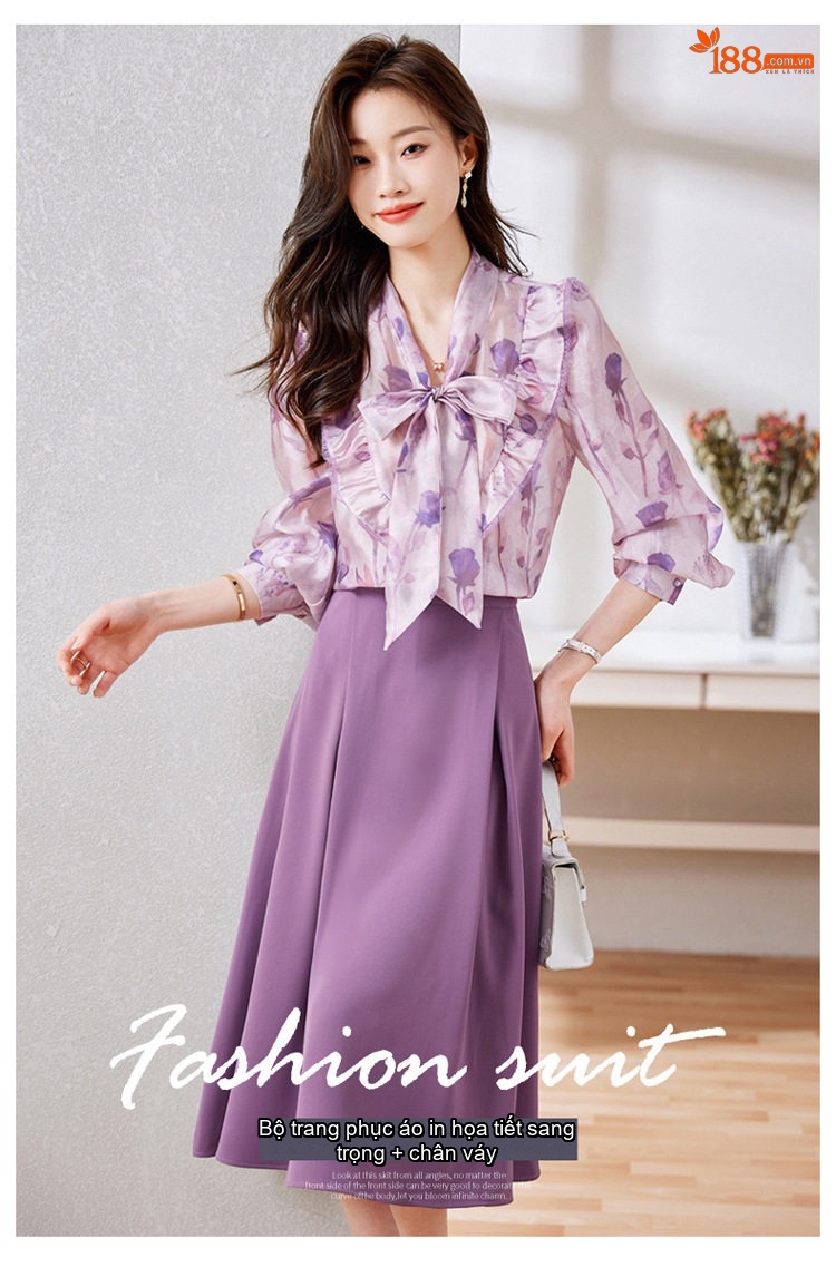 Set Váy Áo Nữ Tay Dài Cổ Nơ Họa Tiết Thời Trang Thu Đông Màu Tím chi tiết 1