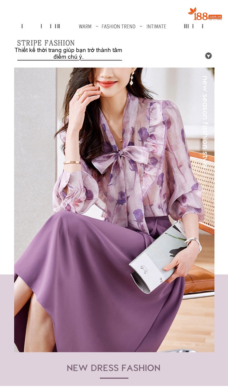 Set Váy Áo Nữ Tay Dài Cổ Nơ Họa Tiết Thời Trang Thu Đông Màu Tím chi tiết 2