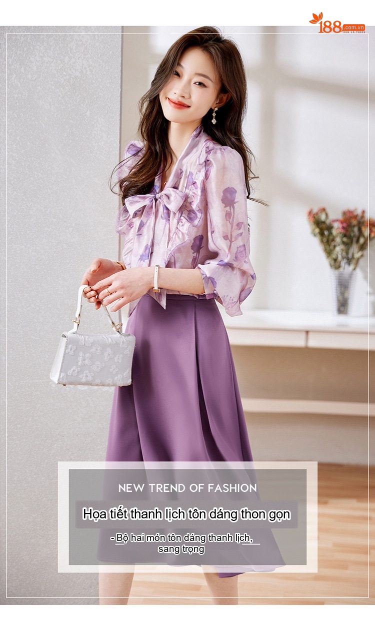 Set Váy Áo Nữ Tay Dài Cổ Nơ Họa Tiết Thời Trang Thu Đông Màu Tím chi tiết 4