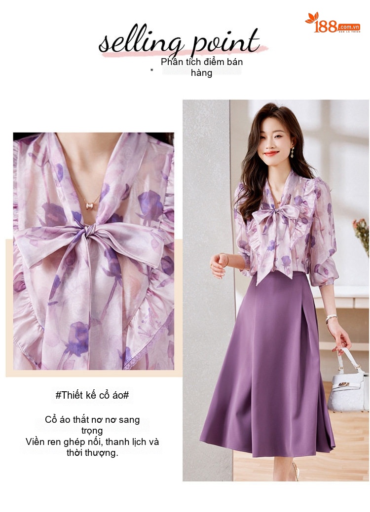 Set Váy Áo Nữ Tay Dài Cổ Nơ Họa Tiết Thời Trang Thu Đông Màu Tím chi tiết 5