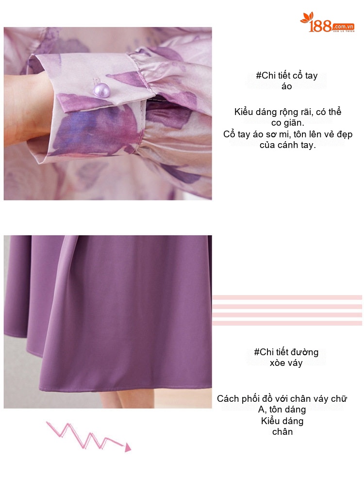 Set Váy Áo Nữ Tay Dài Cổ Nơ Họa Tiết Thời Trang Thu Đông Màu Tím chi tiết 6